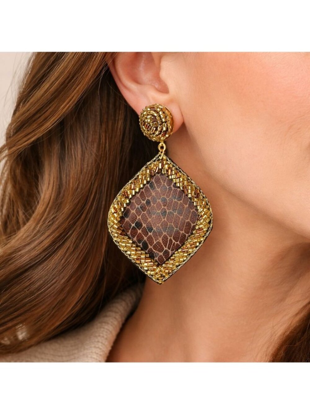 NEW Icon Collection Gold Beaded Snakeskin Statement Earrings Western Drop 2.75”